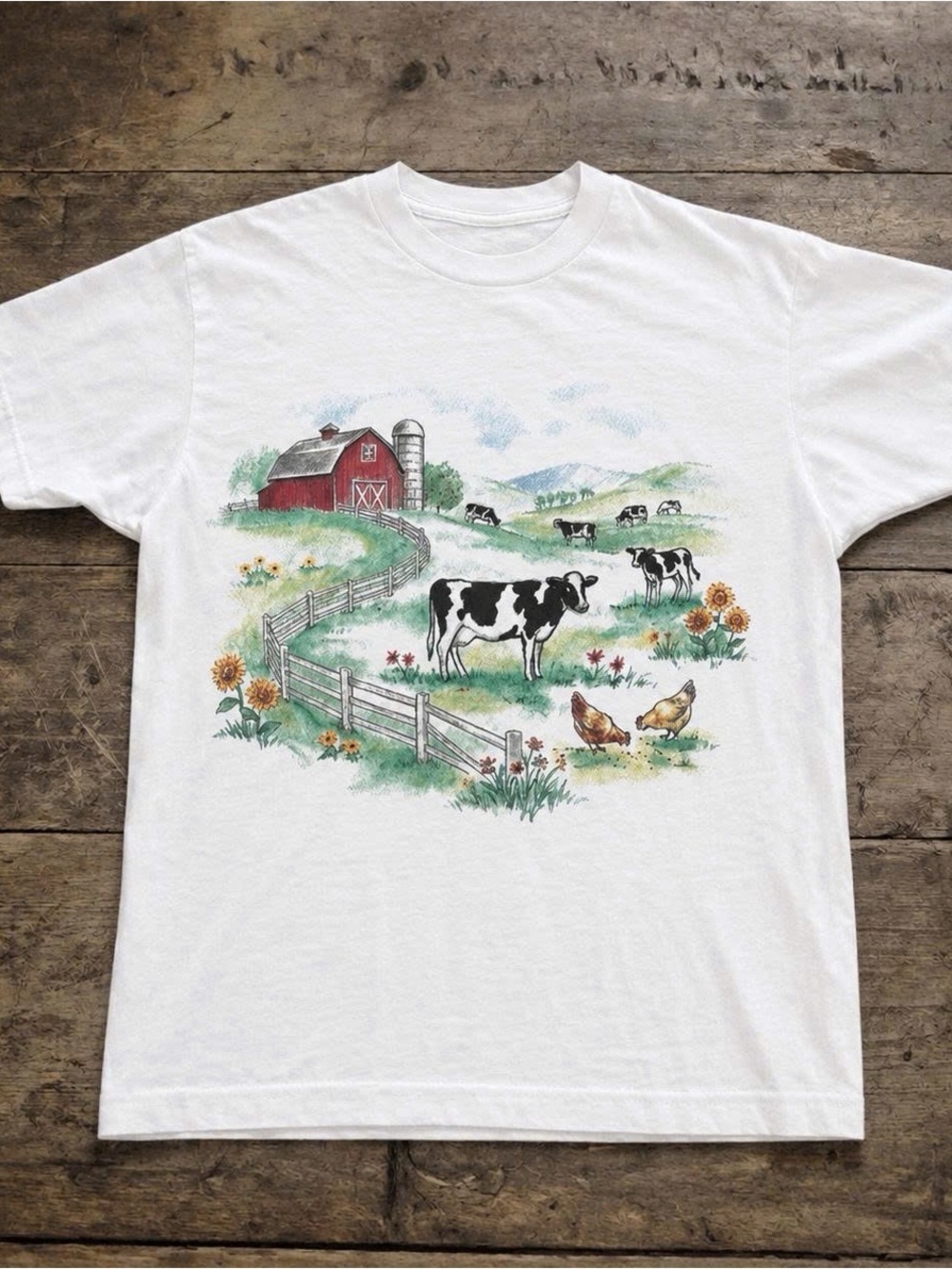 White Farm Scene Graphic Tee with Barn & Cows